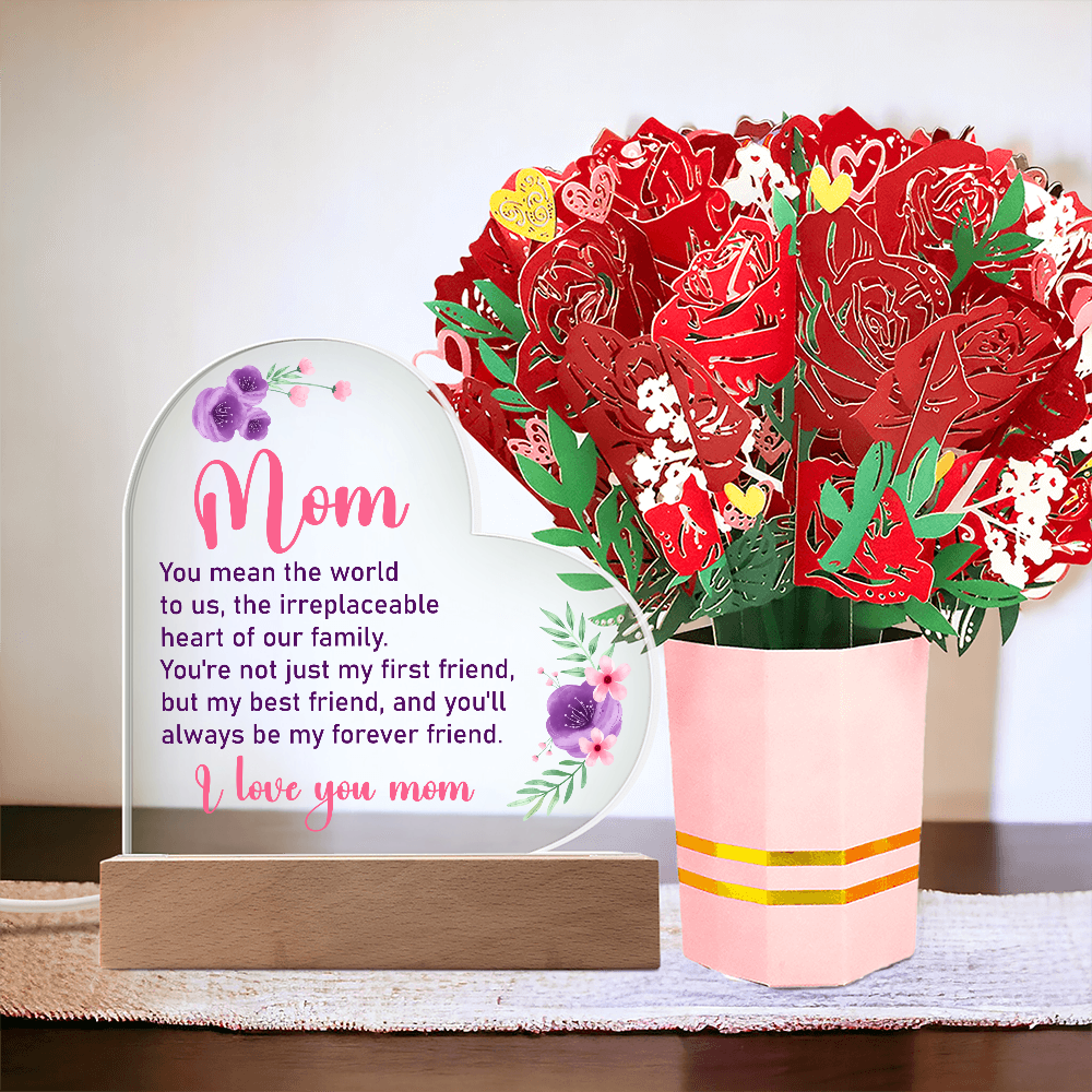 Mom You Mean The World To Us - Heart Acrylic Plaque & Sweetest Devotion Flower Bouquet