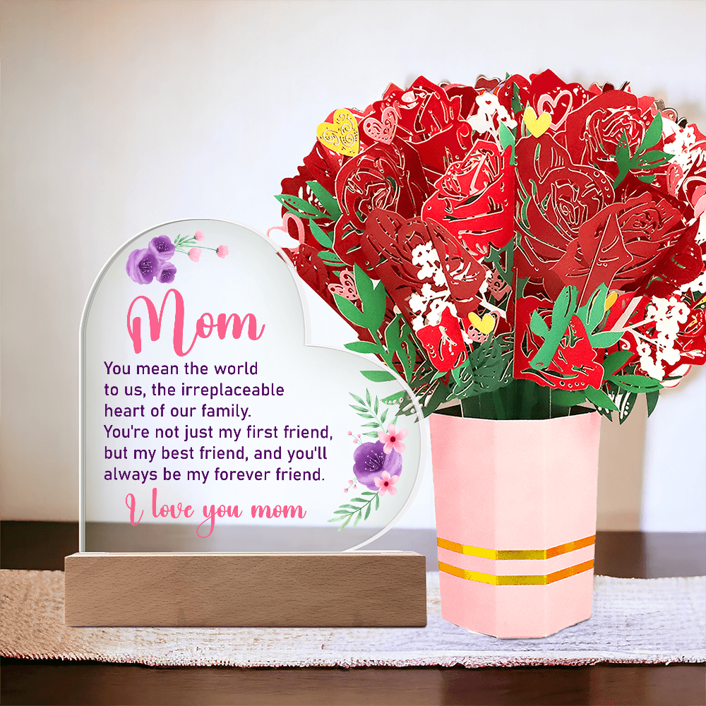 Mom You Mean The World To Us - Heart Acrylic Plaque & Sweetest Devotion Flower Bouquet