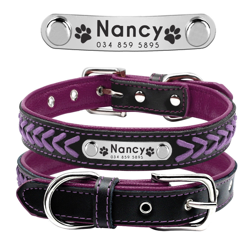Braided Custom Personalized Dog Collar Leather Padded Dog Pet ID Name Collars GrindStyle