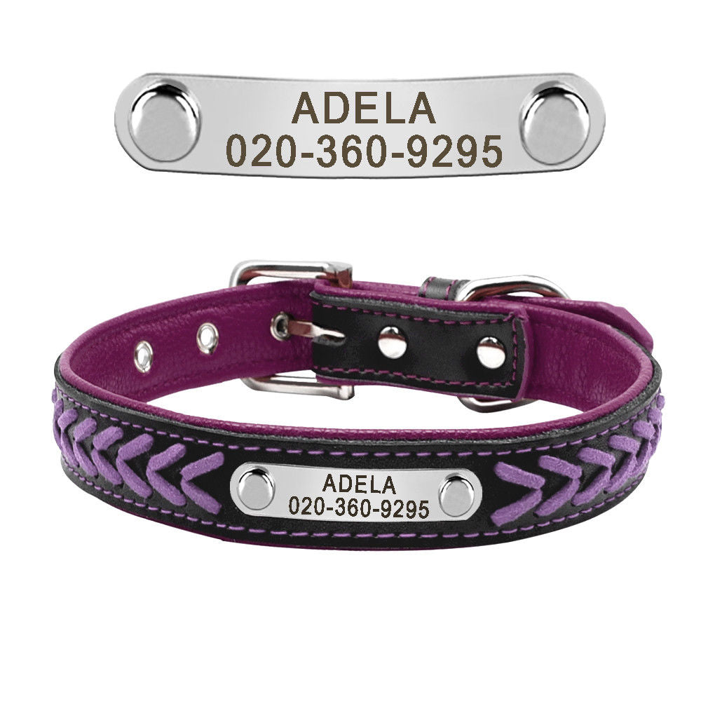 Braided Custom Personalized Dog Collar Leather Padded Dog Pet ID Name Collars GrindStyle Purple XS:8.5-11.5"