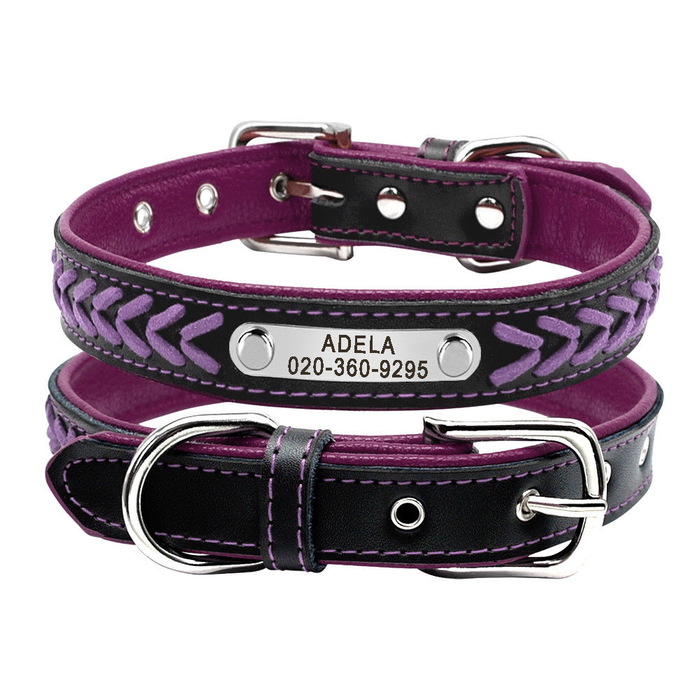 Braided Custom Personalized Dog Collar Leather Padded Dog Pet ID Name Collars GrindStyle