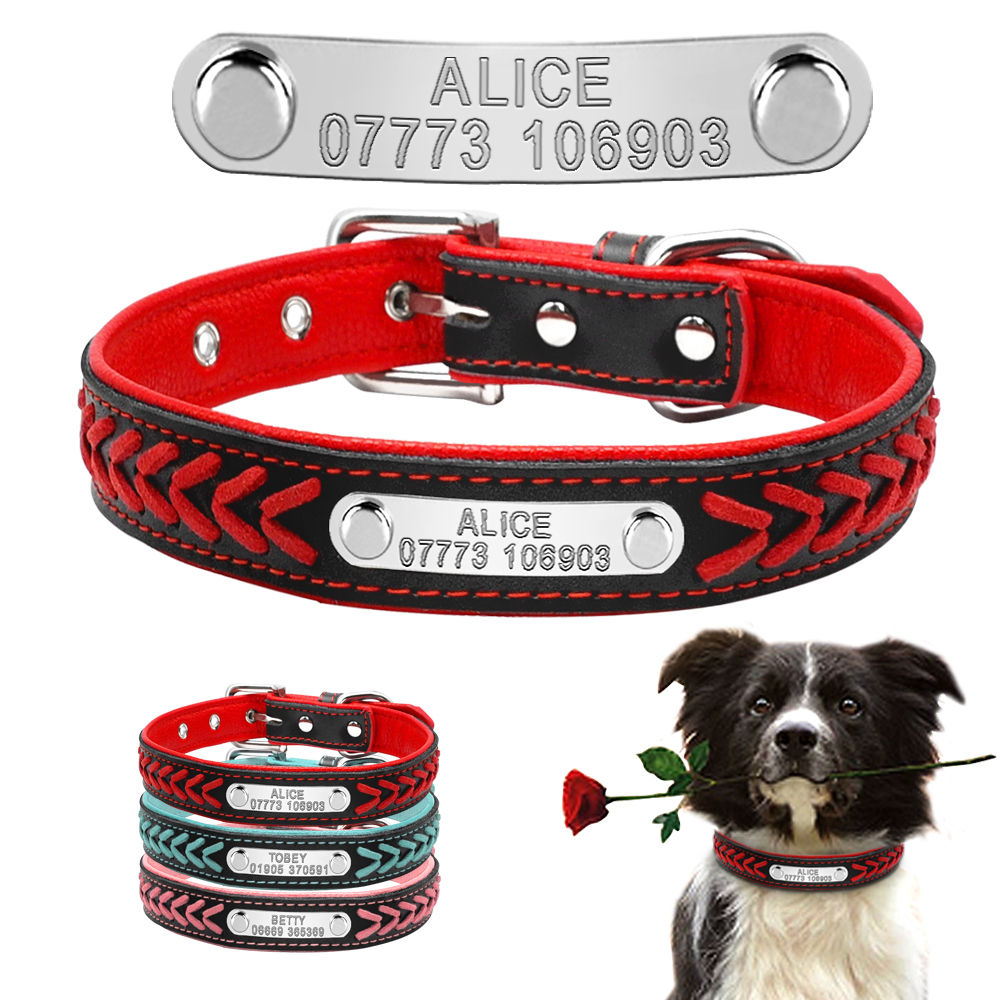 Braided Custom Personalized Dog Collar Leather Padded Dog Pet ID Name Collars GrindStyle