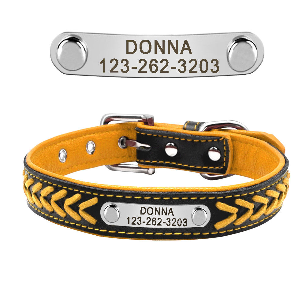 Braided Custom Personalized Dog Collar Leather Padded Dog Pet ID Name Collars GrindStyle Yellow XS:8.5-11.5"