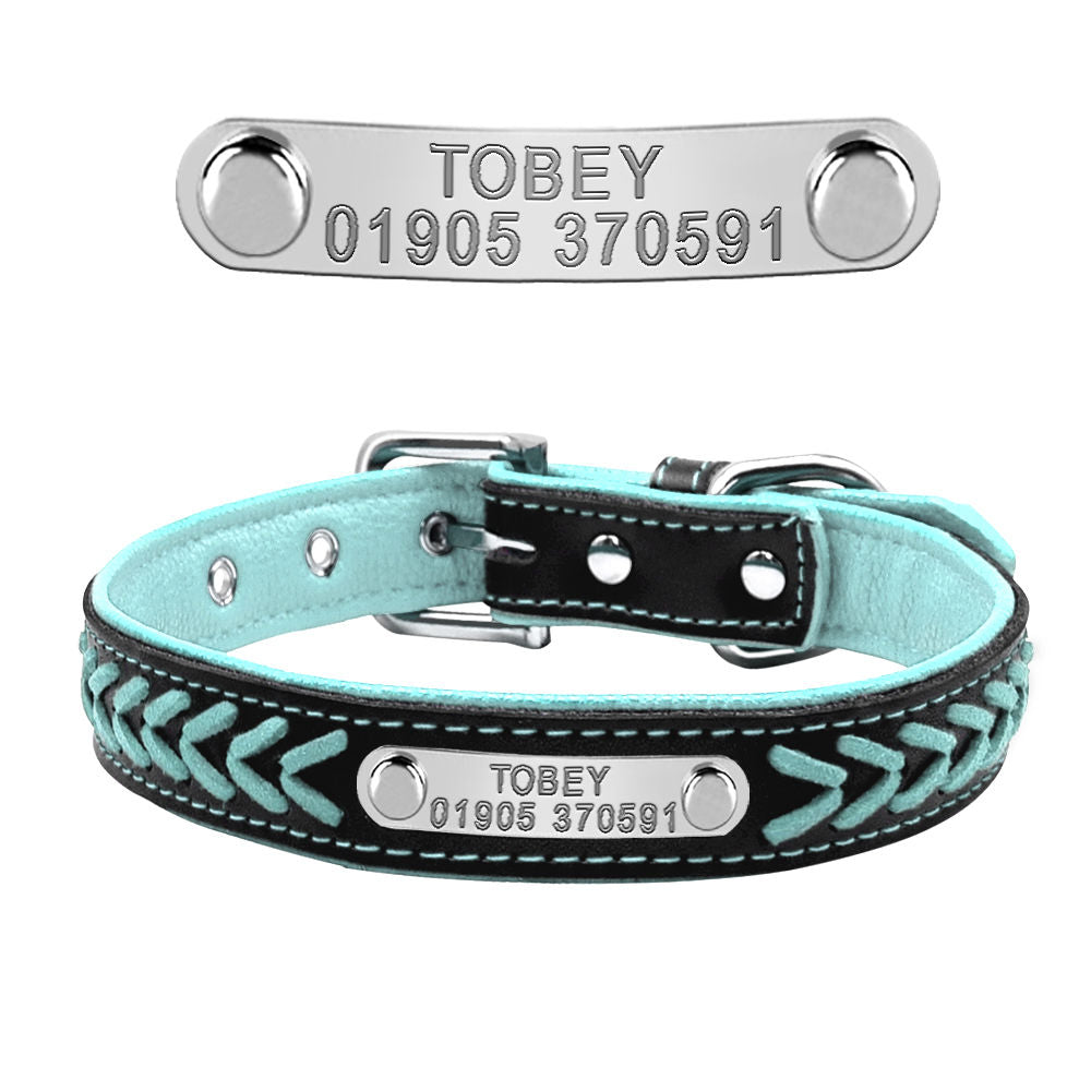 Braided Custom Personalized Dog Collar Leather Padded Dog Pet ID Name Collars GrindStyle Blue XS:8.5-11.5"