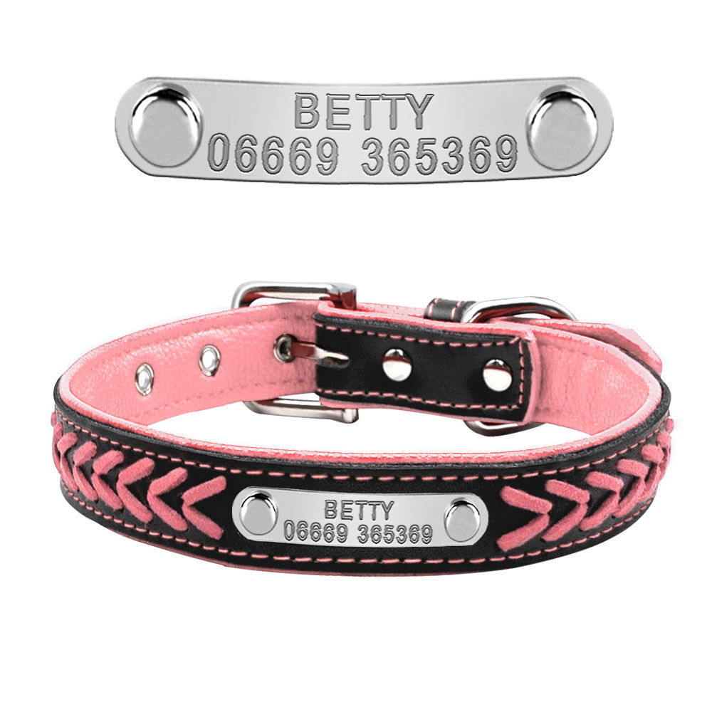 Braided Custom Personalized Dog Collar Leather Padded Dog Pet ID Name Collars GrindStyle Pink XS:8.5-11.5"