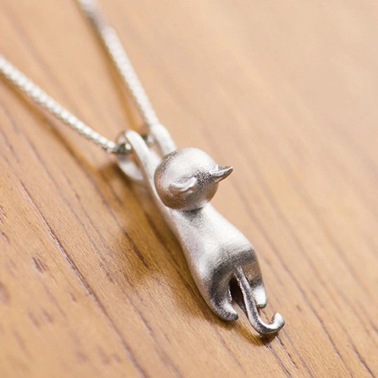 Cute Sterling Silver Cat Necklace necklace GrindStyle Dull Polish