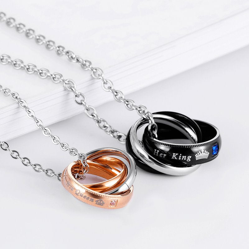 Interlocking Ring His Queen Her King Couple Necklace Set necklace GrindStyle 