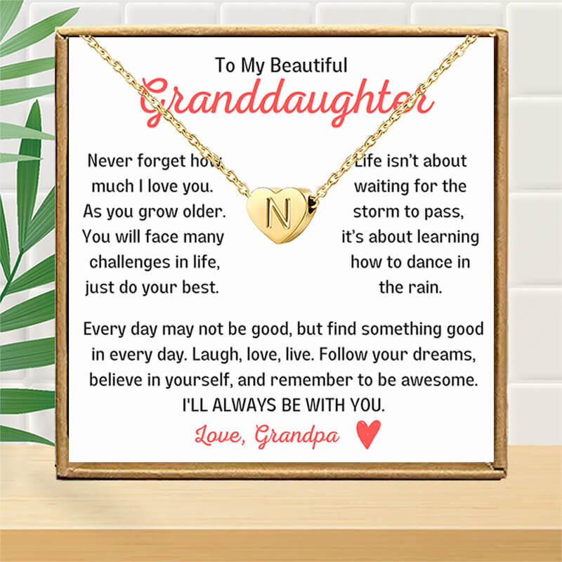 Granddaughter Dainty Heart Initial Necklace w/ Message Card