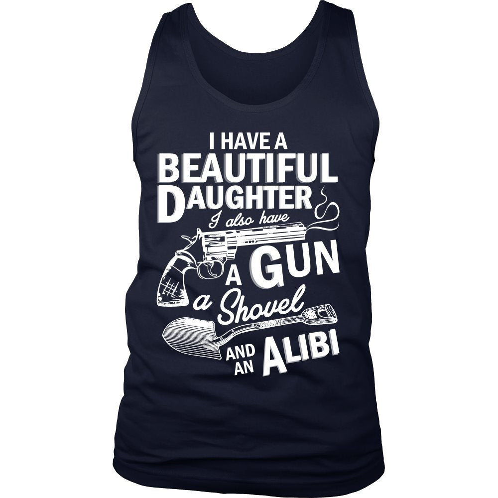 Settantallora T-Shirt Donna J1812 – Ho Una Figlia Bellissima E Ho Anche Una Pistola Pala Alibi – Maglietta Divertente E Originale