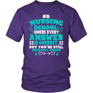 Nursing School Where Every Answer Is Correct But You’re Still Probably Wrong T-shirt teelaunch District Unisex Shirt Purple S