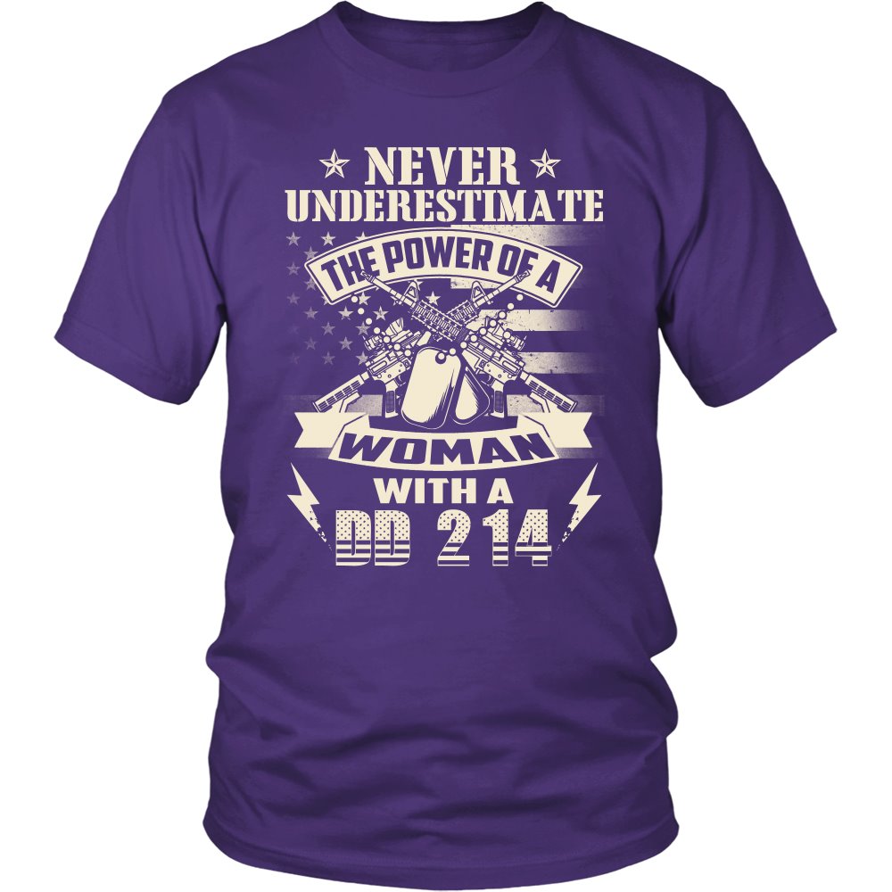 Never Underestimate The Power Of A Woman With A DD 214 T-shirt teelaunch District Unisex Shirt Purple S