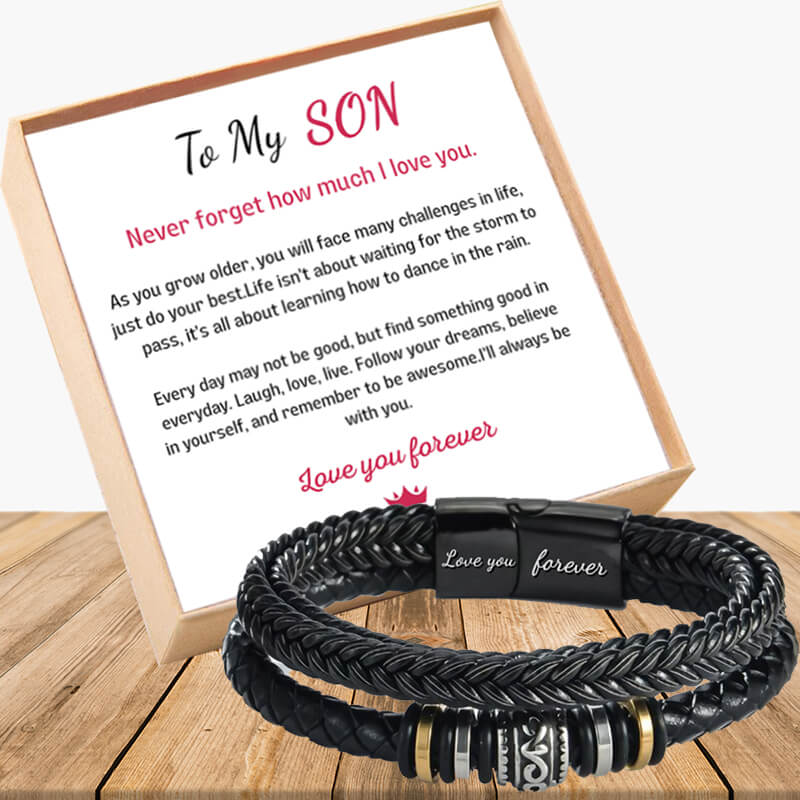 To My Son - Love You Forever - Braided Leather Bracelet with Message Card
